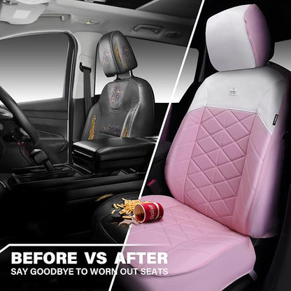 CAR PASS Memory Foam Leather Front Seat Covers, Waterproof Nappa Leather Seat Covers Front Seats Universal Fit for Cars,SUV,Truck Seat Covers Thick 3D Foam Comfortable, Airbag Compatible Pink White
