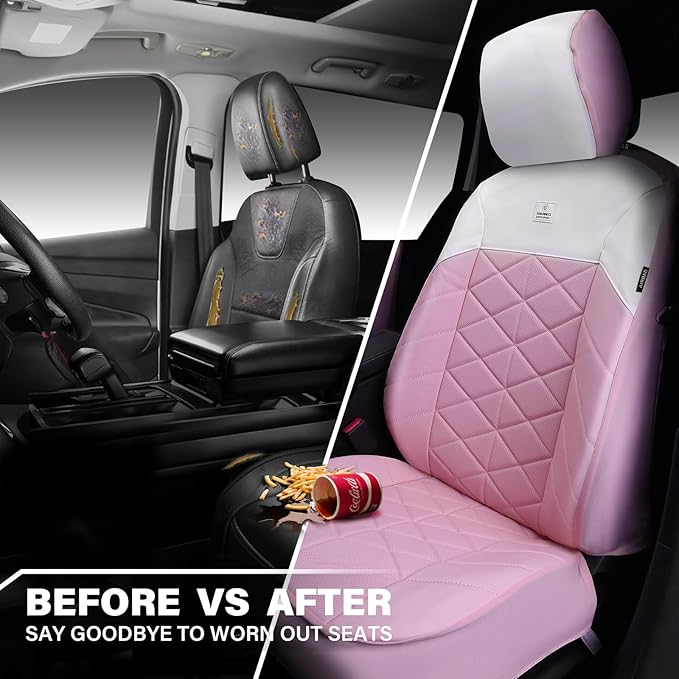 CAR PASS Memory Foam Leather Seat Covers Full Set, Breathable Luxury Perforated Nappa Leather Seat Covers Universal Fit for Car,SUV,Truck Seat Covers Thick 3D Foam Comfort,Airbag Compatible Pink White