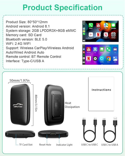 6-in-1 Wireless Carplay Adapter with Netflix YouTube TF Card, Android Auto Wireless Adapter and CarPlay, Plug & Play, Easy Setup, Magic Video Ai Box for OEM Wired Apple Car Play Cars & iPhone