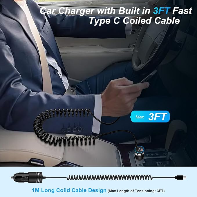 for iPhone 17e 17 Car Charger, 60W USB C Fast Car Adapter with 3FT Built-in Coiled USB C Fast Charging Cable for iPhone 17e 17 Pro Max 17 Pro Air 16e 16 Pro Max 16 Plus 15,Samsung Galaxy S26 A17 A56