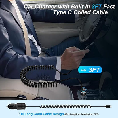 for iPhone 17e 17 Car Charger, 60W USB C Fast Car Adapter with 3FT Built-in Coiled USB C Fast Charging Cable for iPhone 17e 17 Pro Max 17 Pro Air 16e 16 Pro Max 16 Plus 15,Samsung Galaxy S26 A17 A56