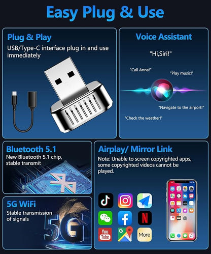 2026 4 in 1 Mini Wireless CarPlay Android Auto Adapter, Support AirPlay MirrorLink, Convert Wired to Wireless, Auto Connect for Daily Commute, Plug and Play Dongle (Silver)