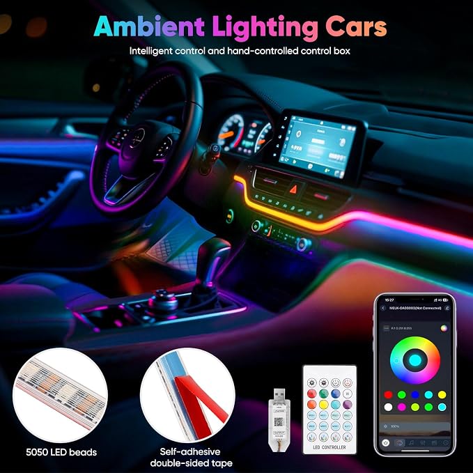 5 in 1 Acrylic LED Lights for Car, RGB Ambient Lighting Car LED Lights Interior with 16 Million Colors, Music Sync,App & USB & Remote Control Interior Car Lights for Dashboard Decorations.