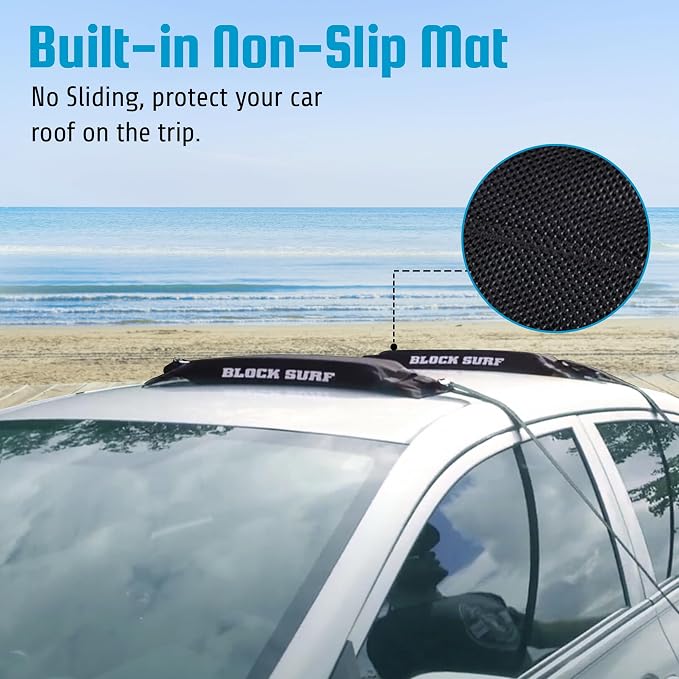 BLOCKSURF Surfboard Roof Rack for Car | Universal Soft Roof Rack for Cars & SUVs | Holds 2-3 Surfboards | Heavy-Duty Straps & Buckles for Highway Speeds | Easy Install & Removal