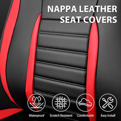 CAR PASS Nappa Leather Car Seat Covers Full Set, Luxury Seat Protector for Cars, Waterproof Anti-Slip Seat Cushion Armrest Compatible Airbag Universal for Sedan SUV Pick-up Truck Auto, Black Red