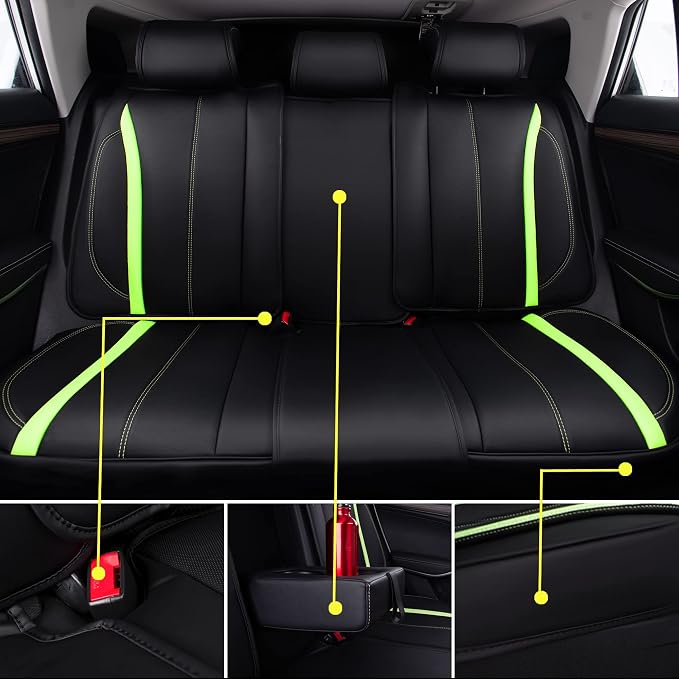 CAR PASS Fluorescent Green & Nappa Leather Seat Covers Full Set, with Backrest Cushion Protector Waist Protection Universal Fit for SUV Pick-up Truck, Automotive Vehicle Interior (Black Green)
