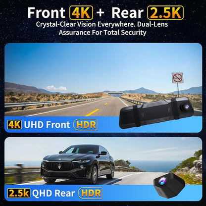 Mirror Dual Dash Camera with Voice Control,4K+2.5K Rear View Mirror Camera with 5.8GHz WiFi and APP Control, WDR Night Vision, Loop Recording, G-Sensor, Parking Monitor 64GB Card Included