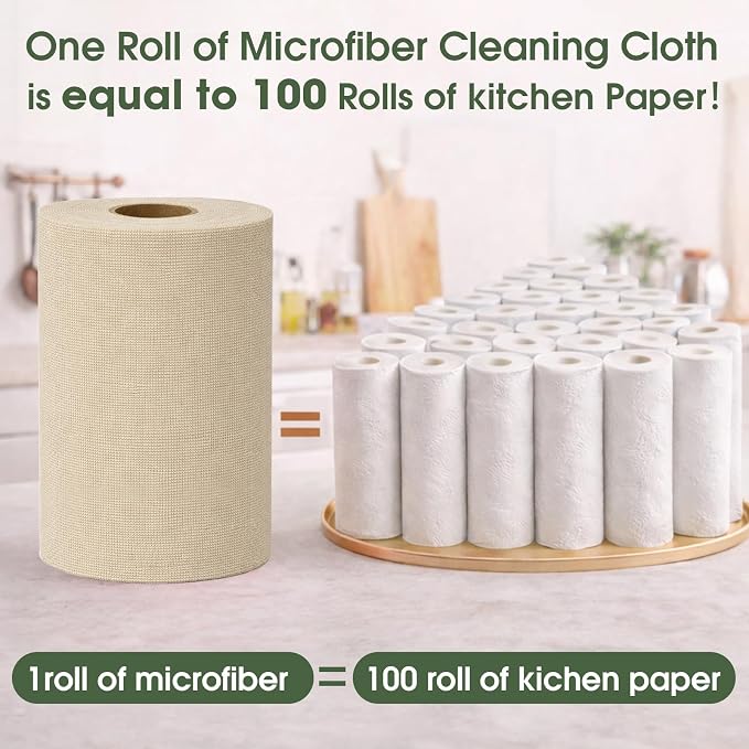 Microfiber Cleaning Cloth Roll - 100 Pack Tear Away Microfiber Paper Towels, Reusable, Washable, Scratch-Free, Kitchen Towels for Car, Home, Kitchen, Glass, Dishes(Desert Gold)