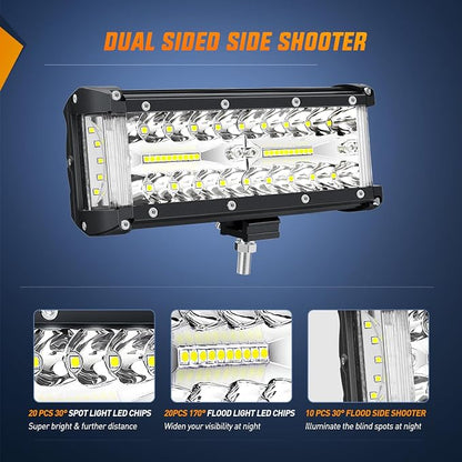 Nilight Side Shooter LED Light Bar 2PCS 7 Inch Triple Row Spot Flood Combo Lights with Wiring Harness Kit for Off Road Fog Driving Work Lighting on Truck SUV ATV UTV