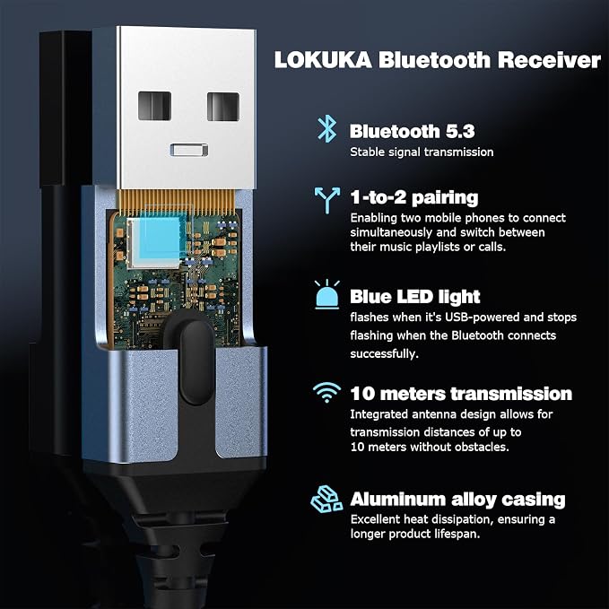 Bluetooth 5.3 to Aux Adapter for Car or Speaker, 3.5mm Bluetooth Receiver with 8-Strand Single Crystal Copper Cable, Aluminum Alloy Shell, for Hands-Free Calls, Voice Navigation, Phone Music