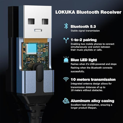 Bluetooth 5.3 to Aux Adapter for Car or Speaker, 3.5mm Bluetooth Receiver with 8-Strand Single Crystal Copper Cable, Aluminum Alloy Shell, for Hands-Free Calls, Voice Navigation, Phone Music