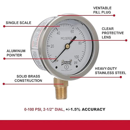 Winters 2-1/2" Dial Size, Liquid Filled Industrial Pressure Gauge, Brass Internals, 304 Stainless Steel Case, Single Scale 0-100 psi, 1.5% Acc, 1/4" NPT Bottom Mount, Glycerin Filled Pressure Gauge