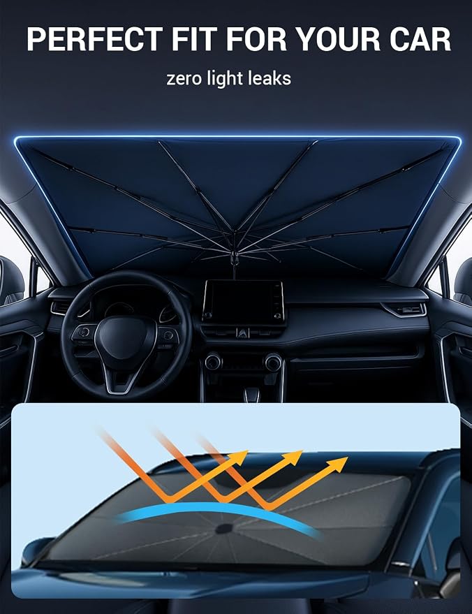 Proadsy Windshield Sun Shade Umbrella for Subaru Forester 2019-2025 2026 Foldable Car Umbrella Sunshade with Soft TPU Handle Spring Structure Crystal Cooling Material Protect Car from Rays & Heat