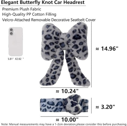 Car Neck Pillow 2PCS Plush Bowknot Car Headrest Pillow – Comfortable Neck Support for Driving Soft Touch Fabric Car Pillow Cute Interior Decor (Blue Leopard Set 4)