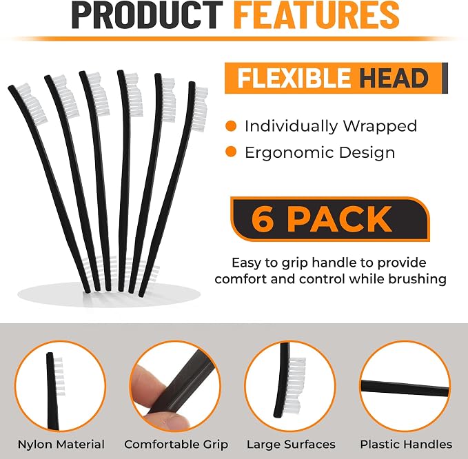 Nanoskin Dual-Purpose Toothbrush-Style Detail Brushes, 6-Pack - Precision Nylon Bristles for Automotive Cleaning, Ergonomic 7-Inch Handle, Ideal for Detailed Car Interior & Exterior, Professional Use