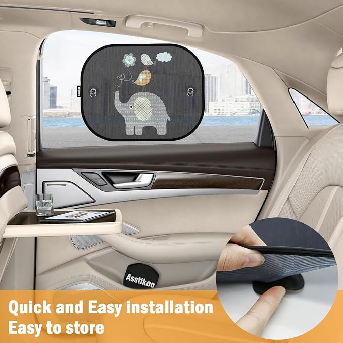 Car Sun Shades for Baby, 2 Pack Mesh Window Shade Baby Kids Pet with Cute Animal Motifs, Side Window Screens for SUV, 17"x14" Universal Car Sun Shades with Suction Cups