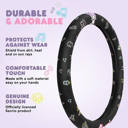 Sanrio Hello Kitty and Friends Kuromi Black Car Steering Wheel Cover, Universal Fit Cute Accessories for Women Stylish Decor Gifts Hello Kitty Accessories - Fits Standard Wheels 14.5"-15"
