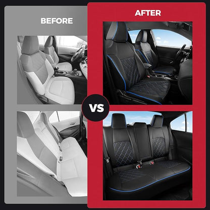 FREESOO for Toyota Corolla Seat Covers LE 2023 2024 2025 2026, Custom Fit Car Seat Covers Full Set, Waterproof Car Seat Cover Protector, Luxury Leather Seat Covers for Cars, Black Blue Full Set
