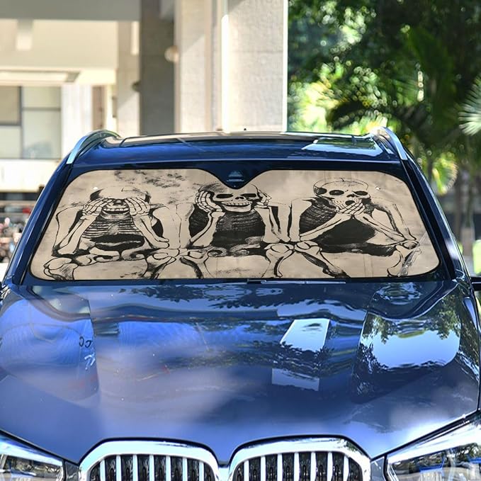 Windshield Sun Shade Shabby Skull Skeletons Front Window Block UV Shades Visor Reflective Retractable for Car SUV Trucks