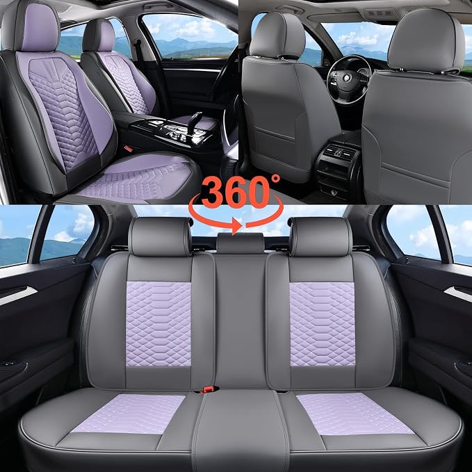 Coverado Seat Covers Full Set, Waterproof Nappa Leather Seat Covers for Cars, 5 Seats Universal Car Seat Protectors, Gray and Purple Car Seat Covers Car Seat Cushions Fit for Most Cars (Gray&Purple)