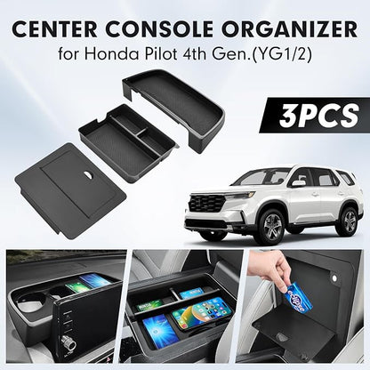 Autorder 3PCS Center Console Organizer for Honda Pilot 2023 2024 2025 2026 Accessories - Armrest Organizer Tray/Dashboard Storage Box/Hidden Storage Box - ABS Material