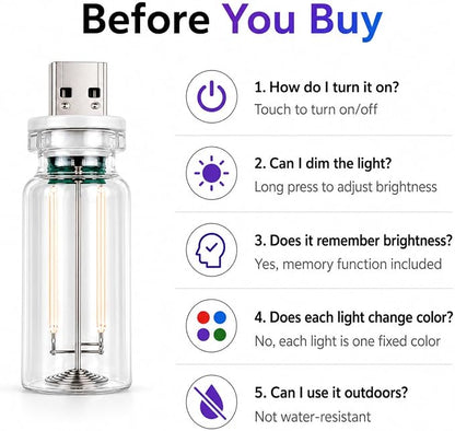 4PCS Dimmable USB Touch Control Led Night Lights, Glass Plug in USB Light Bulbs, Cute Interior Car Lights, Retro Led Ambient Lighting, Small Mood Lamp for Bedroom, Hallway, Nursery, Camping