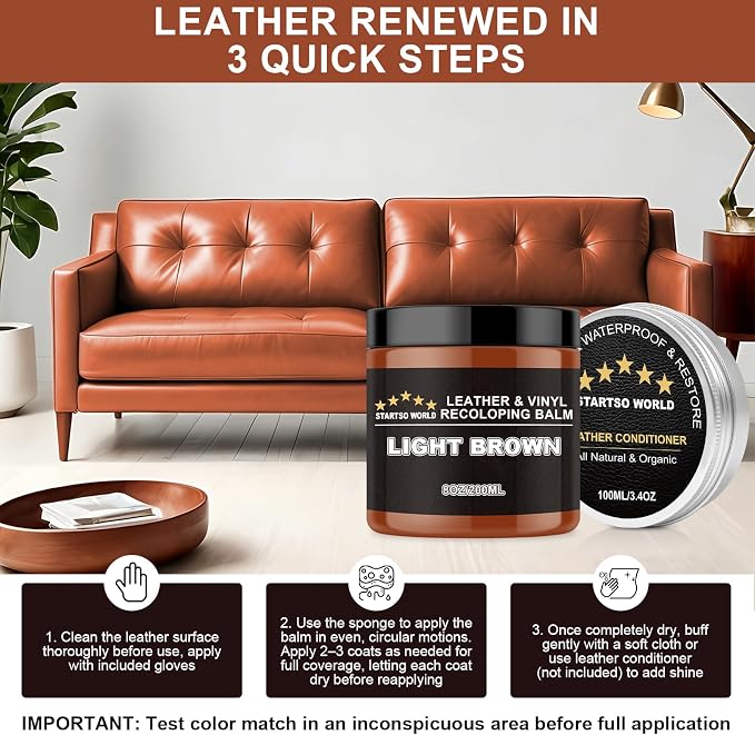 STARTSO WORLD 200Ml Leather Recoloring Balm with 100ML Leather Conditioner, Light Brown Leather Repair Kit for Furniture, Leather Dye, Leather Scratch Repair, Leather Couch Paint