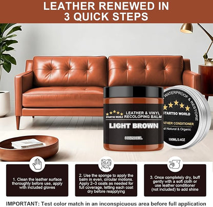 STARTSO WORLD 200Ml Leather Recoloring Balm with 100ML Leather Conditioner, Light Brown Leather Repair Kit for Furniture, Leather Dye, Leather Scratch Repair, Leather Couch Paint