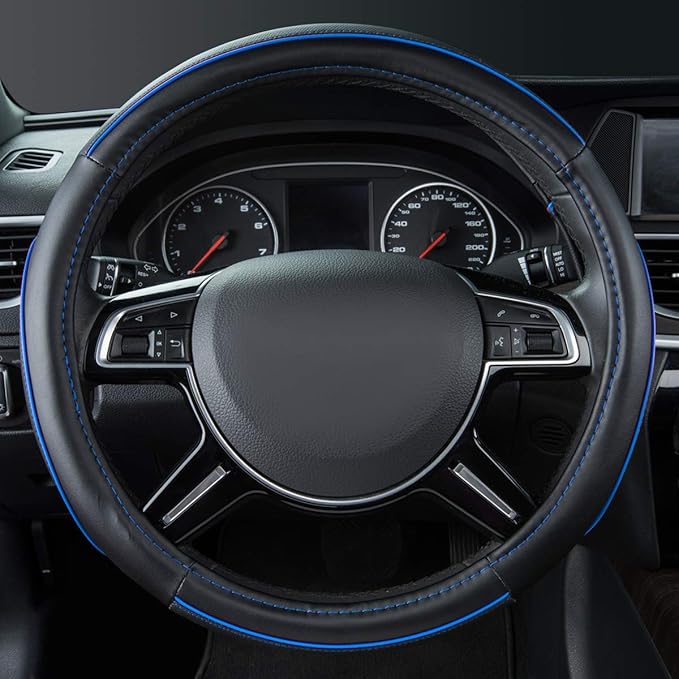 Car Pass Colour Piping Leather Universal Fit Steering Wheel Cover,Perfectly fit for 14.5-15 inches Suvs, Vans, Trucks, Sedans, Cars (Black&Blue)