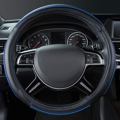 Car Pass Colour Piping Leather Universal Fit Steering Wheel Cover,Perfectly fit for 14.5-15 inches Suvs, Vans, Trucks, Sedans, Cars (Black&Blue)