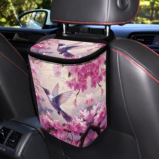 BIGCARJOB Hummingbird Flower Car Trash Bags Hanging Headrest Car Trash Bin for Back Seat,Pink Flower Bird Print Multi-Use Storage Organizer Car Garbage Can,Universal Fit