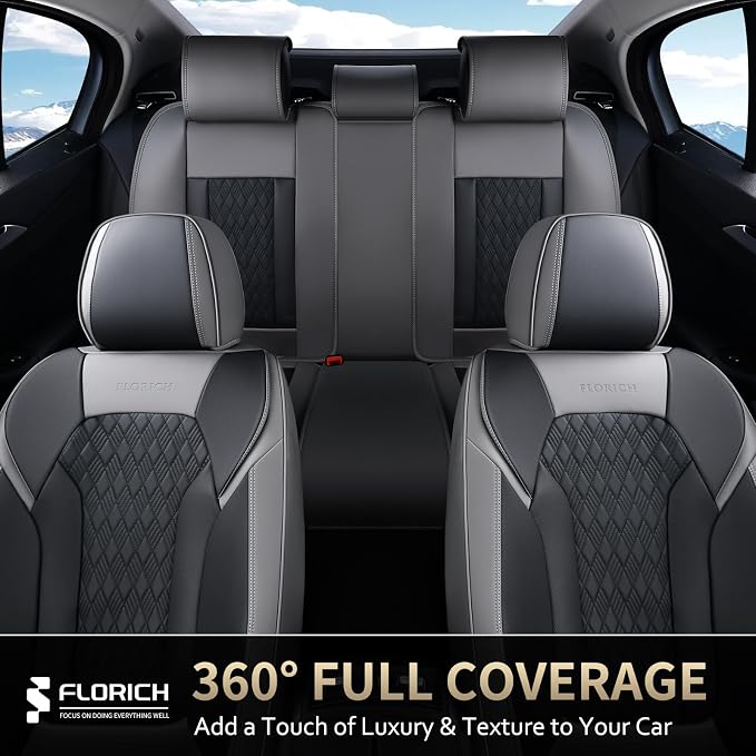 FLORICH Seat Covers, Car Seat Covers Full Set, Luxury Nappa Leather Seat Covers, Breathable and Waterproof Car Seat Protector 5 Seat, Automotive Seat Covers Universal Fit for Most Cars-Gray&Black