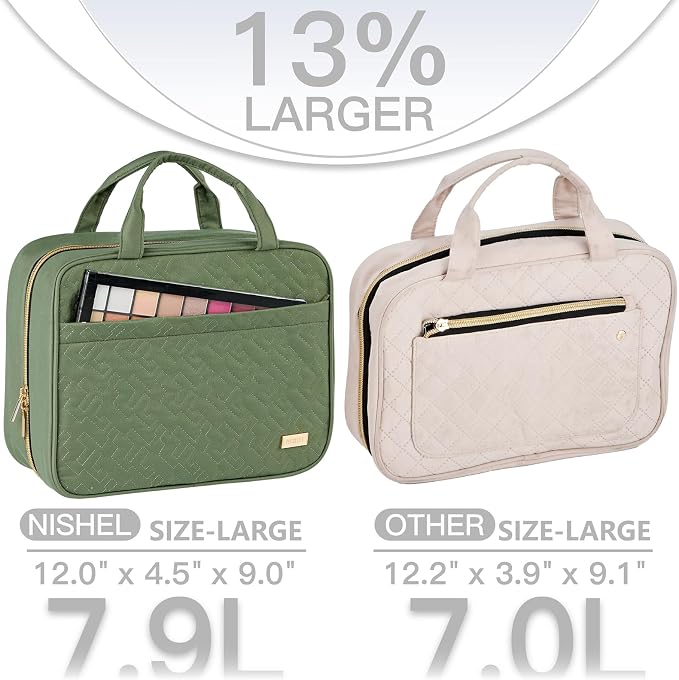 NISHEL Large Double Layer Travel Makeup Bag Women, Cosmetic Case, Organizer for Travel-Size Accessories Bottles, Brushes, Conditioner, and Skin Care Products, Bronze Green