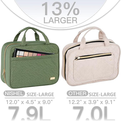 NISHEL Large Double Layer Travel Makeup Bag Women, Cosmetic Case, Organizer for Travel-Size Accessories Bottles, Brushes, Conditioner, and Skin Care Products, Bronze Green