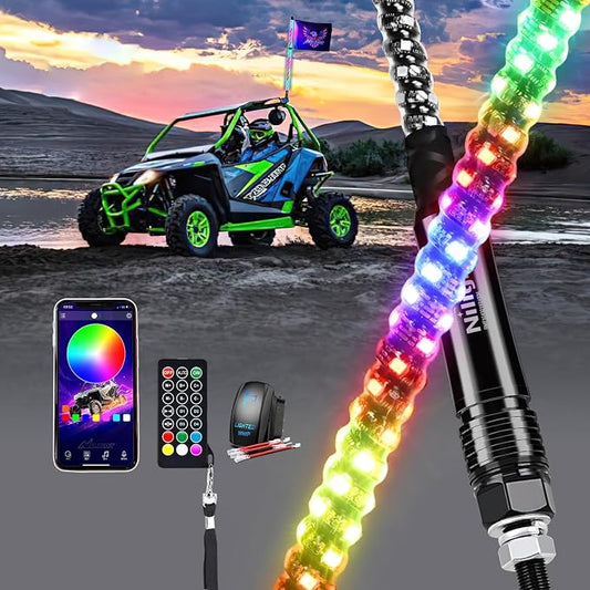 Nilight RGB Whip Light 1PC 4FT Lighted Antenna Whips with Remote & App Control DIY Chasing Patterns Brake Reverse Lights for ATV UTV Polaris RZR Can-am Dune Buggy Pickup Trucks Jeep