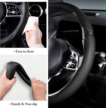 Car Steering Wheel Cover Leather Snap On 3Pcs Set Non-Slip Protector Wrap Steering Wheel Accessories 14.5-15 inch Universal Black