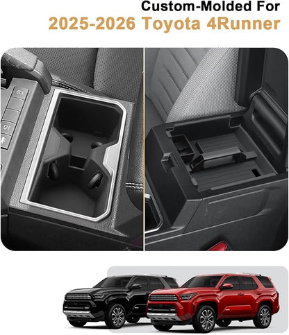 Center Console Organizer Set for 2025-2026 Toyota 4Runner - 2 Pcs Armrest Box Storage Tray with Removal Coin Slot + Silicone Cup Holder Insert for 2025-2026 4Runner Interior Accessories