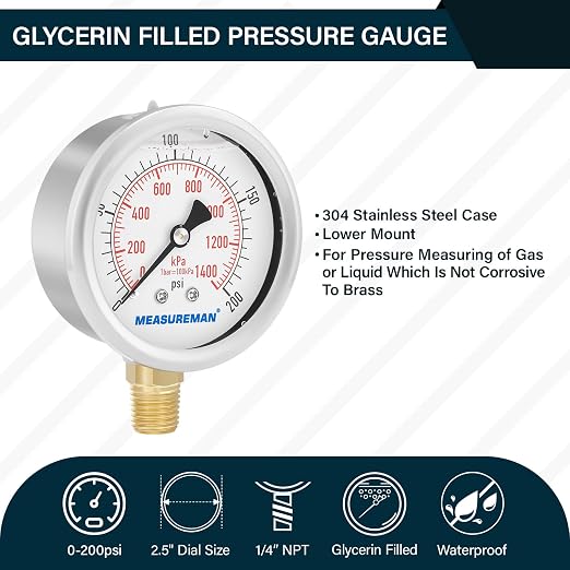 MEASUREMAN 2-1/2inch Dial Size, Liquid Filled Pressure Gauge, 0-200psi/kpa, 304 Stainless Steel Case, 1/4 inchNPT Lower Mount