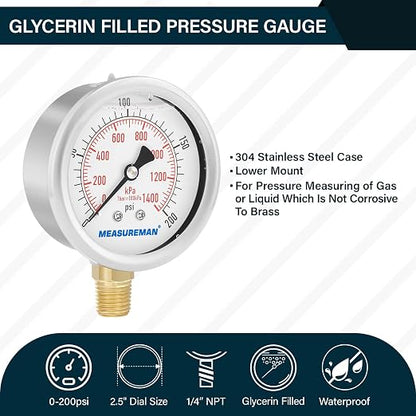 MEASUREMAN 2-1/2inch Dial Size, Liquid Filled Pressure Gauge, 0-200psi/kpa, 304 Stainless Steel Case, 1/4 inchNPT Lower Mount