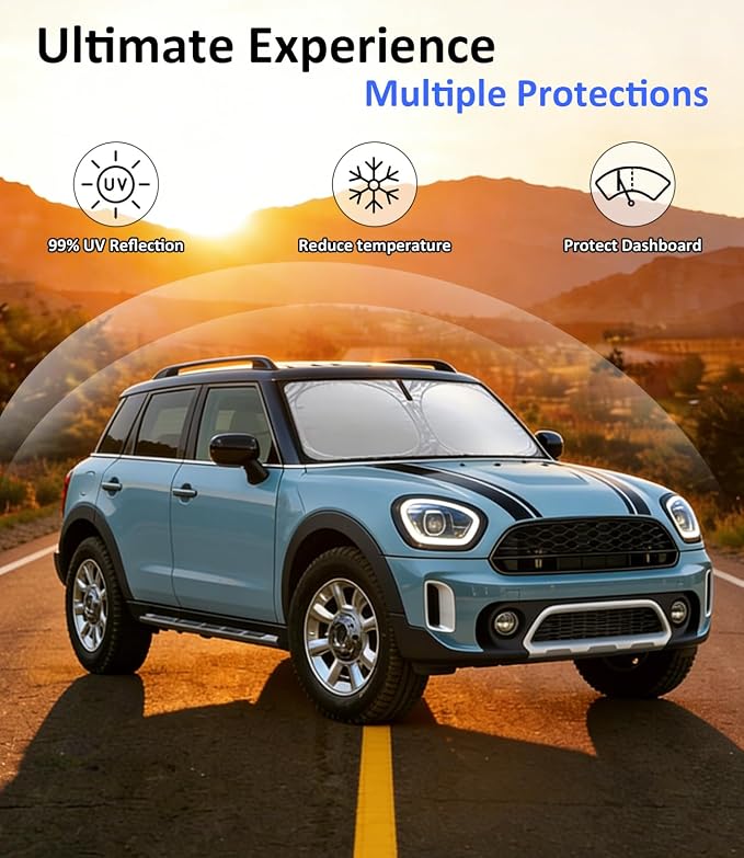 Sun Shade Custom-Fit for Mini Countryman Cooper F60 SUV 2017-2026 | Front Window Sunshade with 240T Sun Visor Protector Foldable Heat Shield Blocks UV Rays, Car Accessories