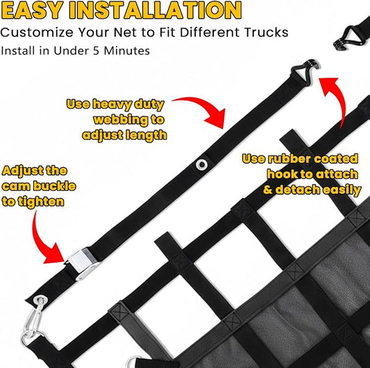Cargo Net for Pickup Truck Bed - 4.8' x 6' Heavy Duty Truck Bed Net, 1,500 lbs Load Capacity, Tight Mesh Safety Net with Cam Buckles & S-Hooks & Tie Down Straps for Ford Chevy GMC RAM Toyota