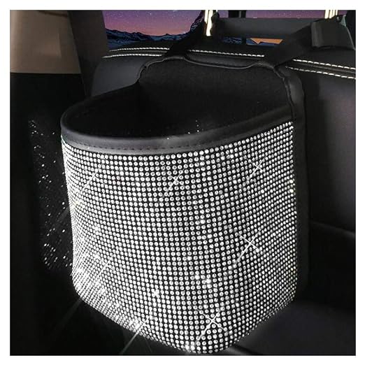 Bling Rhinestones Car Trash Can, Car Seat Back Organizer Trash Bag Auto Garbage Can Hanging Container Waste-Basket - White
