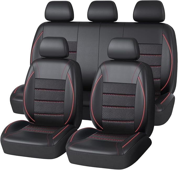 CAR PASS Universal FIT Piping Leather Car Seat Cover, for suvs,Van,Trucks,Airbag Compatible,Inside Zipper Design and Reserved Opening Holes (Full Set, Black and Red)