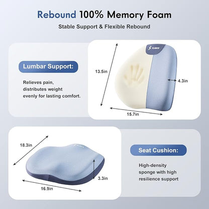 FLORICH Seat Cushion and Lumbar Support Pillow for Office Chair Car, Ergonomic Memory Foam Back Support for Office Gaming Chair Driving Seat Wheelchair, Relieves Neck, Back & Sciatica Pain – Blue