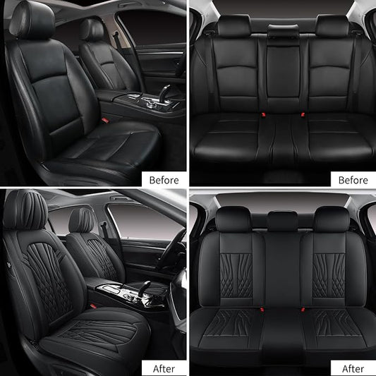 MINGBRON Leather Seat Covers,Car Seat Protector Waterproof,Seat Covers Full Set, Car Seat Protectors 5 Seats,Automotive Seat Covers Fit for Most Cars Black