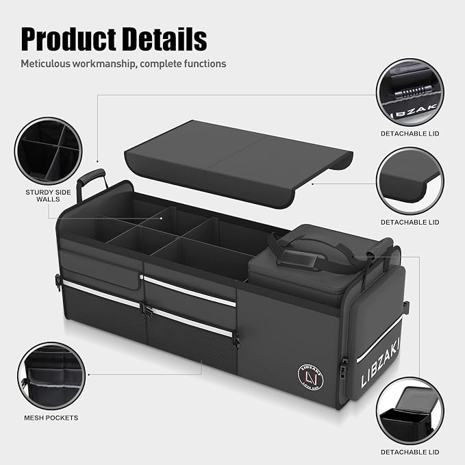 LIBZAKI Oversize 4 in 1 Car Trunk Storage Organizer, Multi Compartment Collapsible Trunk Storage Box with Cooler Bag for Car Truck SUV-Black