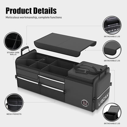 LIBZAKI Oversize 4 in 1 Car Trunk Storage Organizer, Multi Compartment Collapsible Trunk Storage Box with Cooler Bag for Car Truck SUV-Black