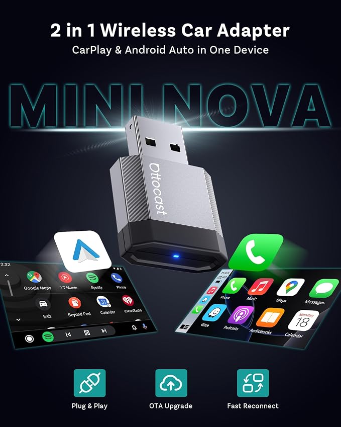 OTTOCAST Mini Nova Wireless CarPlay Adapter Convert Wired to Wireless CarPlay Fast Auto Connect, Plug & Play 2 in 1 Mini Dongle for Factory Wired CarPlay/Android Auto Cars