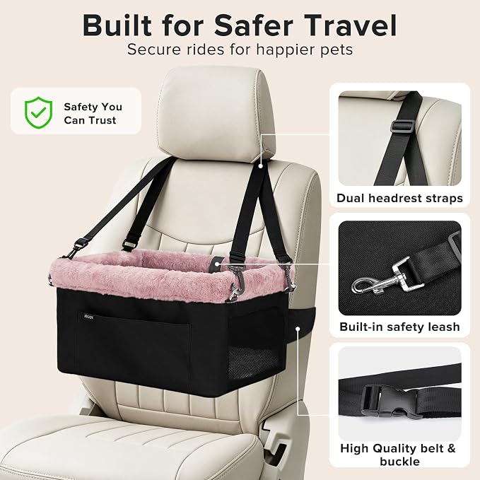 JOEJOY Deluxe Dog Booster Seat with Sturdy Metal Frame and Safety Leash for Small Pets up to 20 lbs - Portable Puppy Dog Car Seat with Thick Cushion and Storage Pockets for Small Dogs, Pink