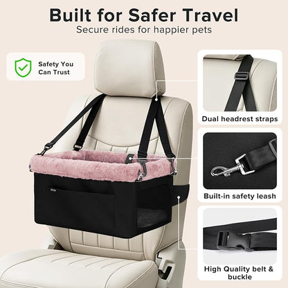 JOEJOY Deluxe Dog Booster Seat with Sturdy Metal Frame and Safety Leash for Small Pets up to 20 lbs - Portable Puppy Dog Car Seat with Thick Cushion and Storage Pockets for Small Dogs, Pink